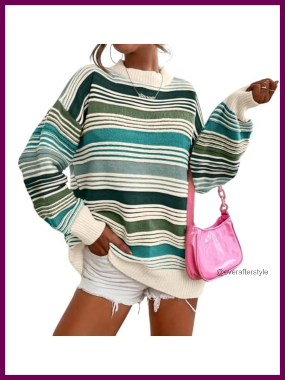 Oversized Striped Knit Pullover Sweater Contrast Stripe Crew Neck Long Sleeve